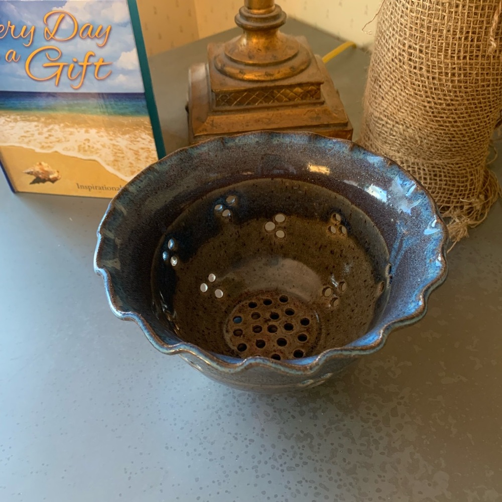 Handmade pottery BERRY BOWL COLANDER, BLUE and LIGHT GREEN glaze.